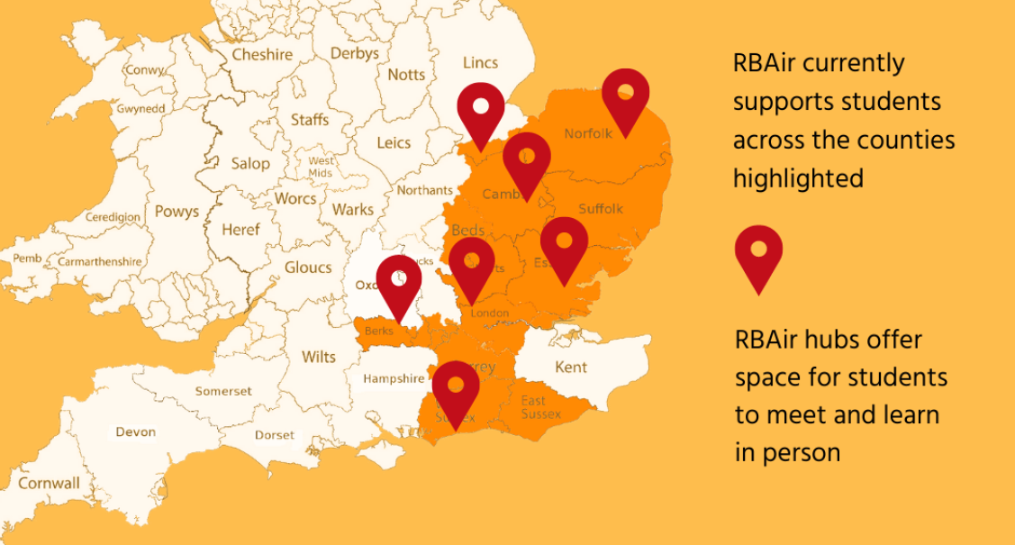 Map of southern part of the UK showing RBAir hub locations and counties currently supported